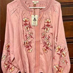 Easel Floral Embroidered Blouse - Pink and Cream